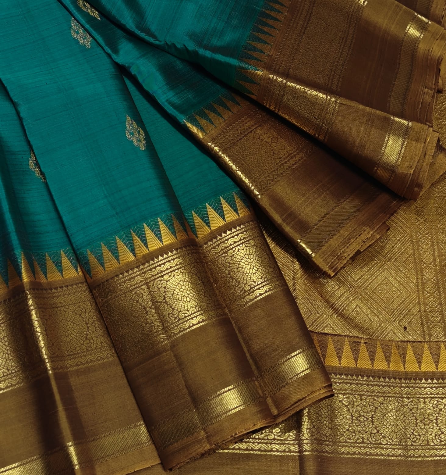 Teal Blue & Mustard Gold Kanjivaram Saree